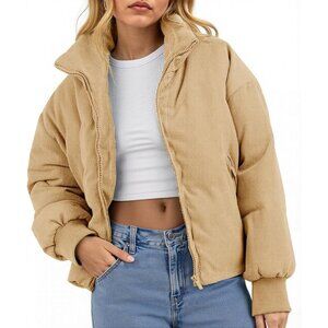 Women's Winter Fashion Khaki Corduroy Quilted Puffer Jackets Cropped Zip Up Coat